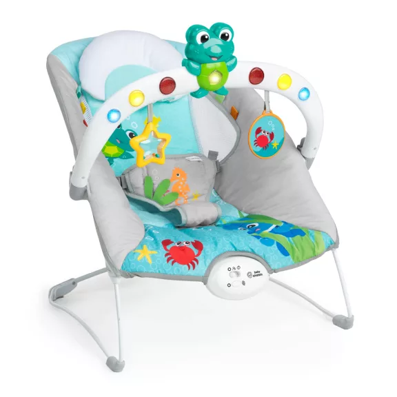 BABY EINSTEIN Zenélő, vibráló pihenőszék fényekkel Kick to It Neptune 9 kg-ig