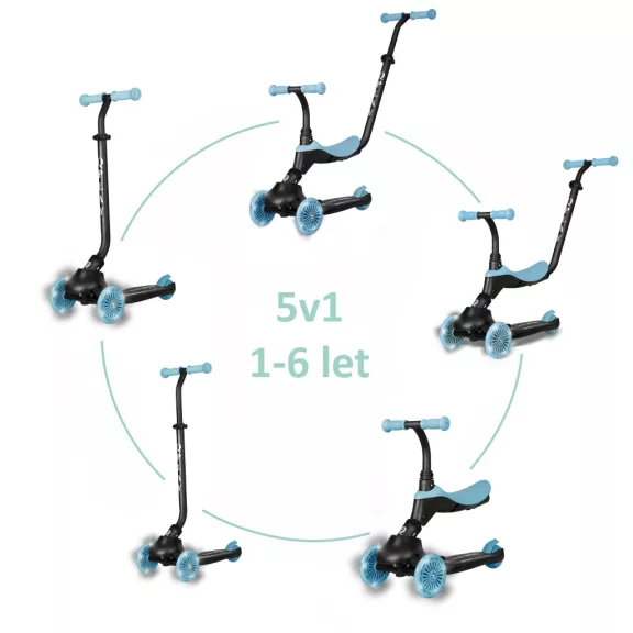 QPLAY Roller / futóbicikli Sema Evo LED világítással Sky Blue, életkor 1 - 6 év, legfeljebb 50 kg