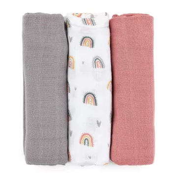   Petite&Mars Bambusz muszlin 3db-os pelenka szett, Moussy Rose Rainbows, 68 x 68 cm