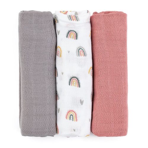 Petite&Mars Bambusz muszlin 3db-os pelenka szett, Moussy Rose Rainbows, 68 x 68 cm