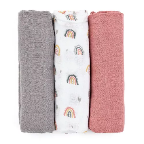 Petite&Mars Bambusz muszlin 3db-os pelenka szett, Moussy Rose Rainbows, 68 x 68 cm