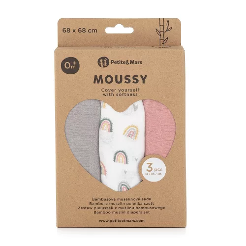 Petite&Mars Bambusz muszlin 3db-os pelenka szett, Moussy Rose Rainbows, 68 x 68 cm