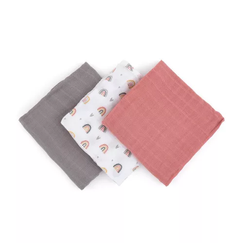 Petite&Mars Bambusz muszlin 3db-os pelenka szett, Moussy Rose Rainbows, 68 x 68 cm