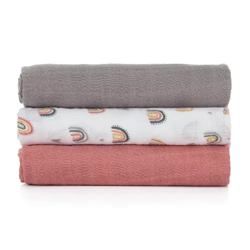 Petite&Mars Bambusz muszlin 3db-os pelenka szett, Moussy Rose Rainbows, 68 x 68 cm