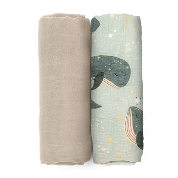   Petite&Mars Bambusz muszlin 2db-os pelenka szett Misty Whale Song 120 x 120 cm