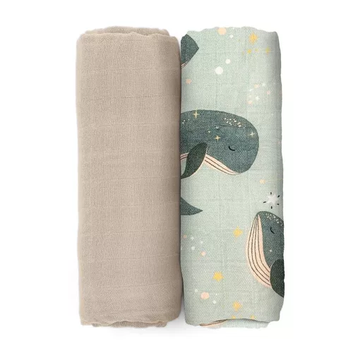 Petite&Mars Bambusz muszlin 2db-os pelenka szett Misty Whale Song 120 x 120 cm