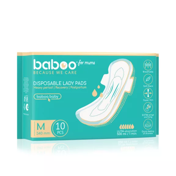 Baboo eldobható szülés utáni betét, 10 db, M, 340 mm
