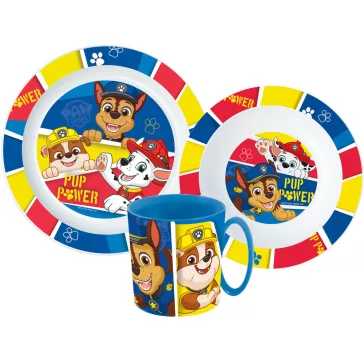   Mancs Őrjárat Pup Power étkészlet, micro műanyag szett bögrével 350 ml