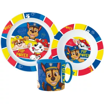   Mancs Őrjárat Pup Power étkészlet, micro műanyag szett bögrével 265 ml