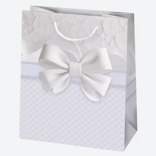 Fehér Bow papír ajándéktasak, ajándékzacskó 19x23x10,5 cm