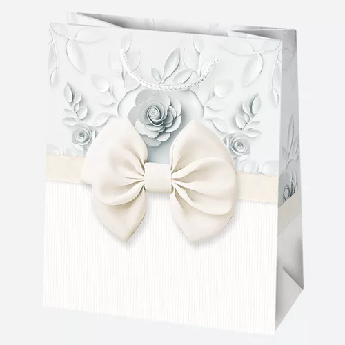 Fehér Bow papír ajándéktasak, ajándékzacskó 19x23x10,5 cm