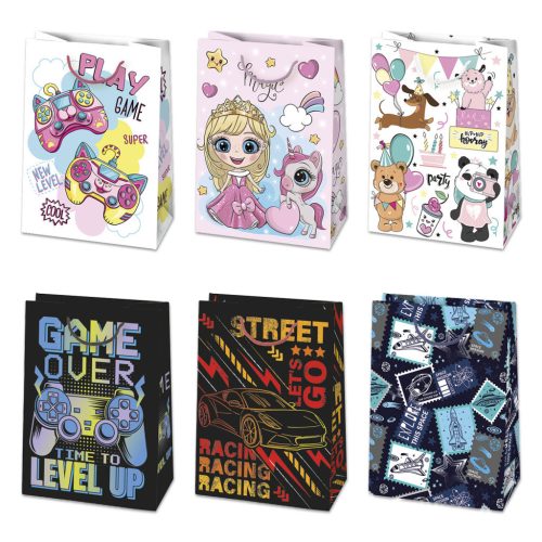 Színes Party papír ajándéktasak, ajándékzacskó 23x32x11 cm