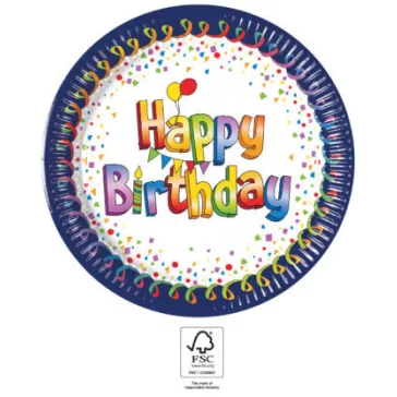Happy Birthday Multicolor papírtányér 8 db-os 23 cm FSC