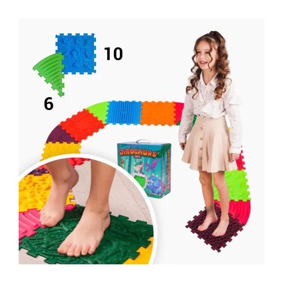 Ortek Dinoszauruszok Puzzle 10 elemből álló masszázs szőnyeg + 6 Háromszögű puzzle elem